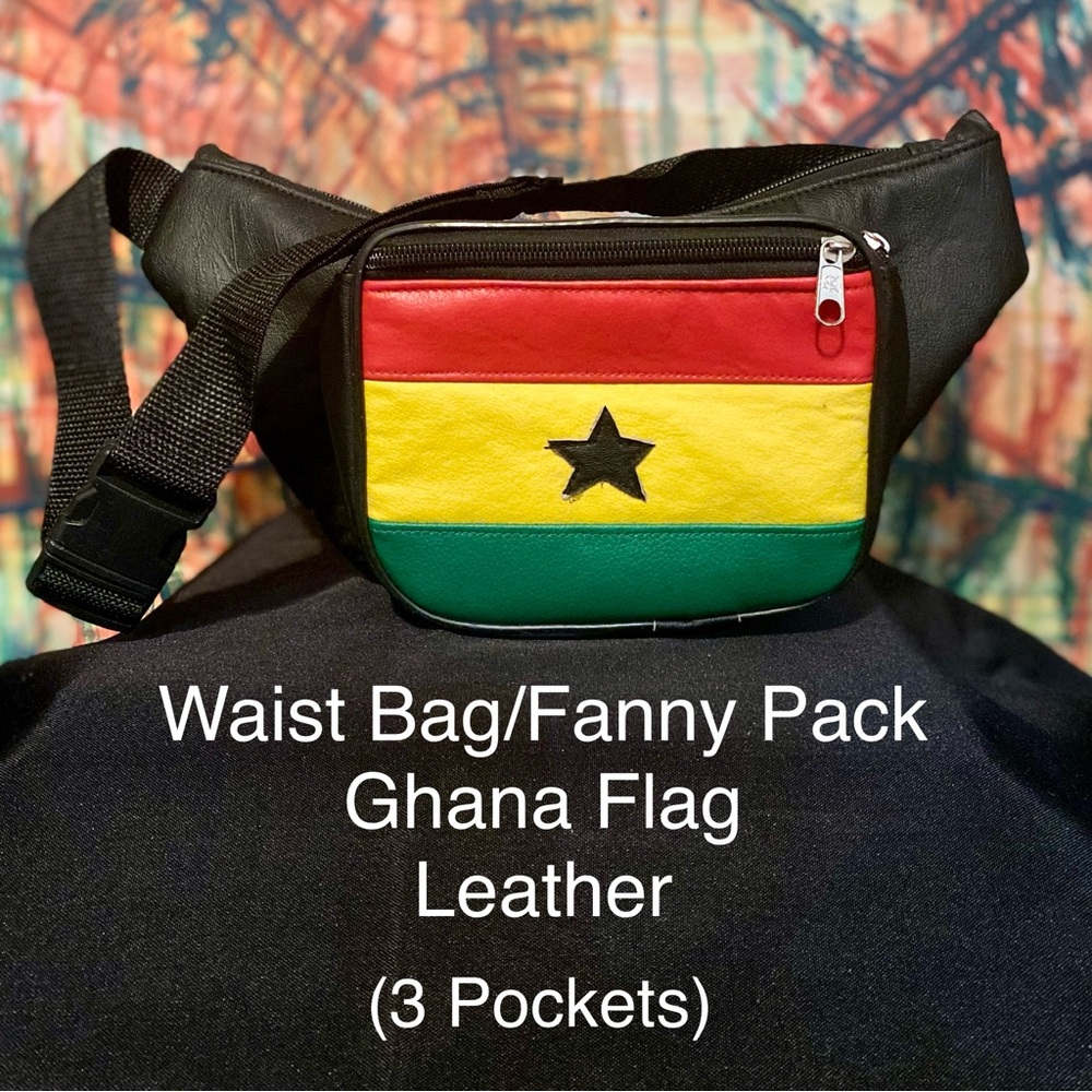 Ghana Flag Unisex Leather-Like Belt Bag - Black, Red, Yellow, Green - Picture 1 of 2